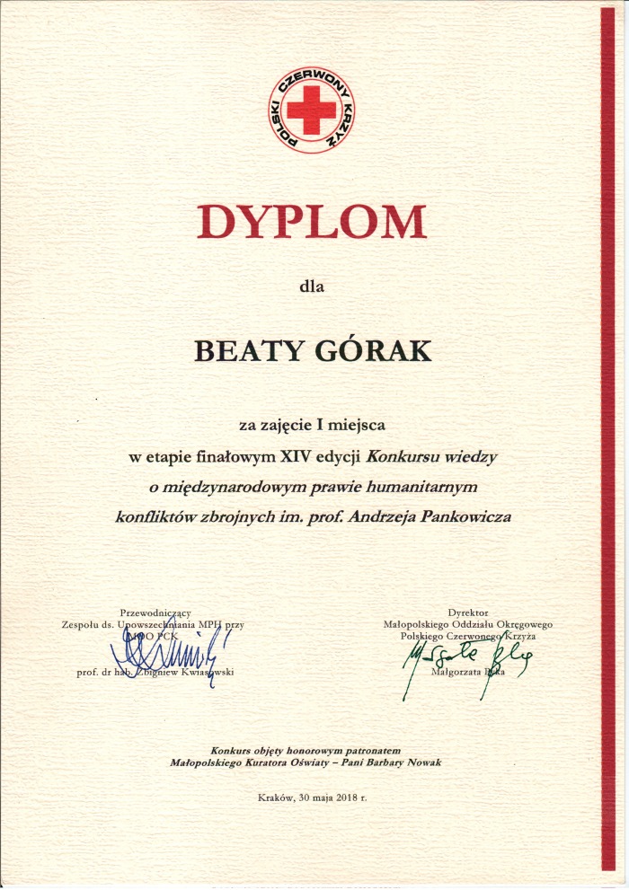 Pierwsze miejsce Beaty Górak z klasy I, w finale czternastej edycji…